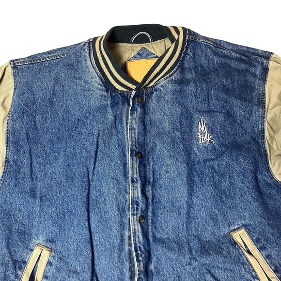 No Fear Varsity Jacket Mens L Denim Blue Beige Sleeve 90s Y2K Streetwear Retro - Picture 12 of 13